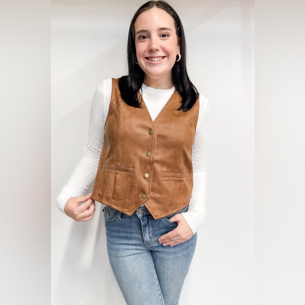 Wishlist Suede Button Up Vest in Camel WL25-10990